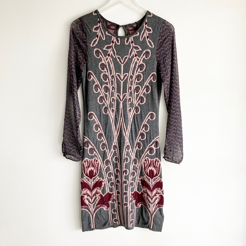 Anthropologie Knitted & Knotted XS Saone Sweater Dress Sheer Long Sleeve Gray